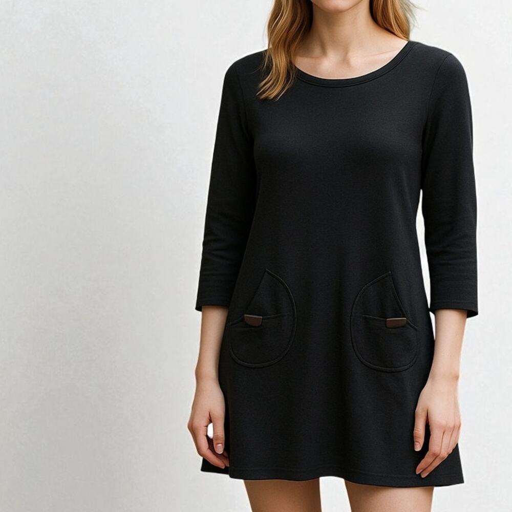 TIBI Dress Black Ponte Knit Square Button Mod Minimalist Shift - Size M